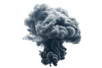 A dramatic cloud of dark gray smoke billowing upwards against a stark white background creating a powerful image