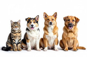 group of pets cats and dogs sitting in a row on a white background
