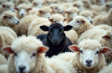 Obraz premium black sheep in a flock of white sheep, one among many, to freeze out