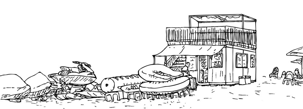 Sketch of a rental point of entertainment equipment on the seashore