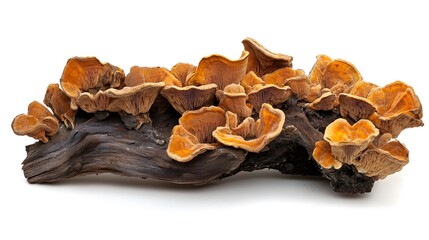 A cluster of orange mushrooms growing on a decaying log against a plain white background in a studio shot