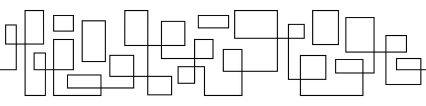 Seamless border of intersecting rectangles and straight lines. Complex geometric vector ornament. A long, complex, monochrome labyrinth. Path of life with random turns