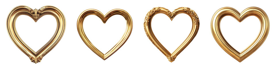 A collection of gold frames in heart shape isolated on a transparent background