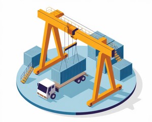 Isometric freight transport scene with gantry crane lifting cargo container