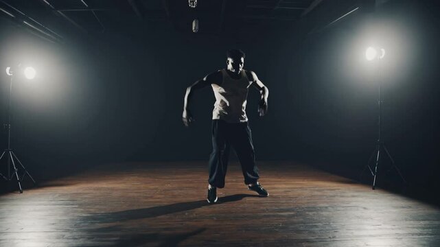 Krump dancer executing dynamic, high energy moves under dramatic spotlight, demonstrating powerful street dance style with intense bodily expression