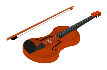 Isometric violin and string bow musical instrument top view. Classical viola instrument aerial view. Realistic 3D vector concept isolated on white background