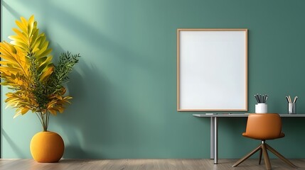 Minimalist home office setup with empty frame and metal desk