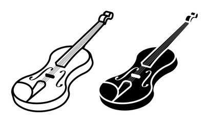 Linear icon, isometric violin and string bow musical instrument. Classical viola orchestra instrument. Simple black and white top view vector isolated on white background