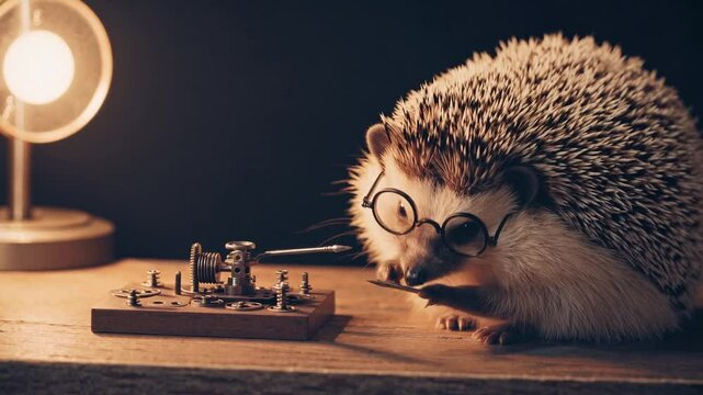 Scholarly hedgehog wearing vintage glasses operating telegraph key under warm lamp, embodying curious scientific exploration with whimsical intelligence