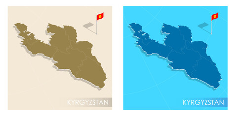 Kyrgyzstan country flag installed on geographic positioning map point of country territory. Kyrgyzstan commonwealth banner on land and sea. Festive patriotic HD format template for independence day