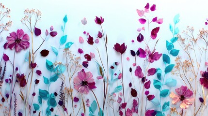 Vibrant arrangement of pressed flowers and leaves in shades of purple and teal on a white background