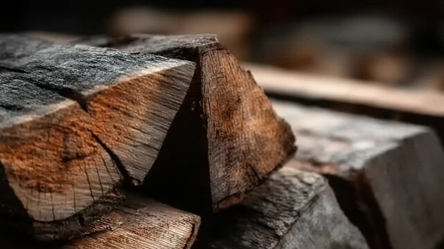 Close-up of Split Wood Logs Stacked for Firewood Use