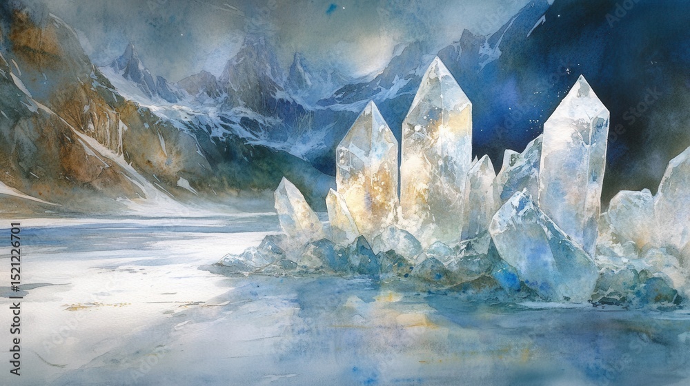 Poster illuminated large crystals clustered by frozen lake in winter