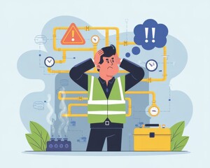 Stressed engineer with safety vest holding his head because of pipes failure