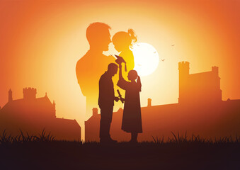 Sunset Silhouette Art of Father Supporting Daughter's Growth