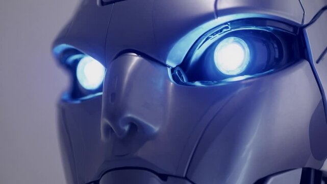 Robotic humanoid head revealing glowing blue eyes, displaying artificial intelligence with emotionless digital expression against white background