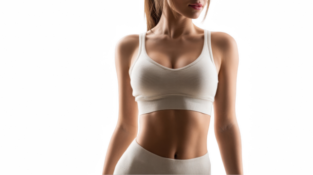 Close up of a fit woman's torso highlighting her toned abs. Showcasing the effectiveness of her fitness routine. With transparent background facilitating easy integration into diverse design projects