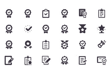 Checkmark and Approval Icon Set. Black Silhouette Vector Glyphs of Validation, Certification, Checklists, Documents, Awards and Security Verification. Vector Illustration