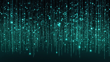 Cool turquoise pixel pattern with gradient data motion, glowing digital rain effect with sparkling light dots creating futuristic and dynamic atmosphere in dark background