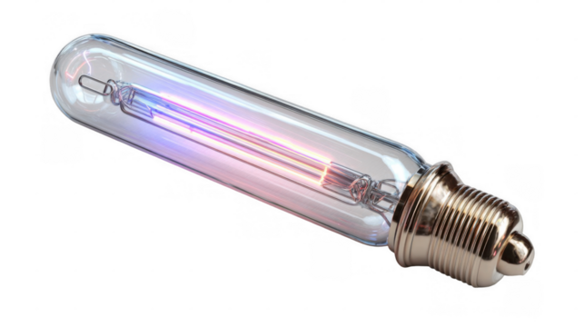 Slender glass bulb with a metallic base is emitting a bright light, showcasing a vibrant blend of pink and blue hues against a transparent background