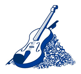 Violin and string bow musical instrument on top of mountain made of notes and musical symbols piled up in big heap. Musical notes big pile. Vector banner for advertising of music opera