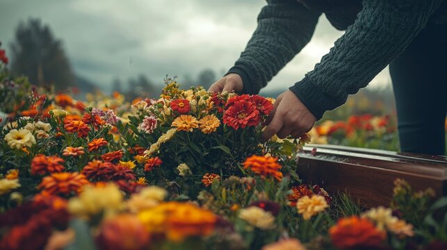 A person with dark hair gathers colorful flowers in a cofin