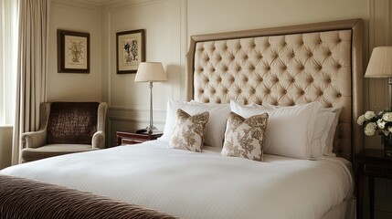 Luxurious bedroom with beige headboard and white bedding
