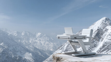futuristic mobile office in nature featuring laptop tablet router and power bank set against majestic mountain