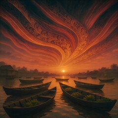 Cinematic Scene of Banjarmasin’s Floating Market: Traditional Boats and the Aurora of Nusantara Batik