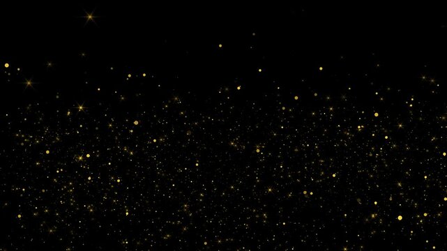 Gold Particles Moving Background. fast energy flying wave line dust flash lights. Particle from below. flickering black. Abstract Footage for text. Abstract particles falling glittering powder bokeh.