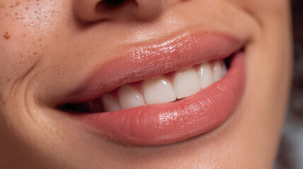 Obraz premium Closeup of smiling lips with smooth skin and natural freckles showing healthy teeth and hydrated lips in soft natural light