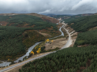 Aerial view of Litran river and road traverse a landscape of evergreen and autumn-colored trees under a cloudy sky. Neuquen, Argentina