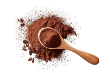 Wooden spoon filled with dark brown powder, surrounded by lighter colored granules and seeds, against a dark background