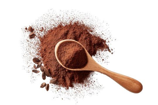Wooden spoon filled with dark brown powder, surrounded by lighter colored granules and seeds, against a dark background