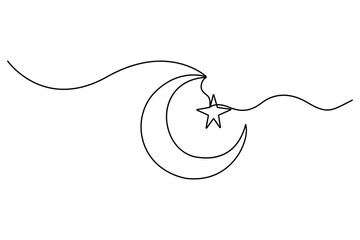 Obraz premium Ramadan crescent moon and star continuous line art vector on white background 