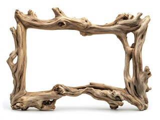 A driftwood frame made of light brown wood with a rectangular opening on a white background studio shot