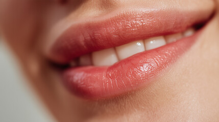 Fototapeta premium Closeup of smiling lips with smooth hydrated skin and visible teeth showing natural beauty and healthy appearance in soft lighting