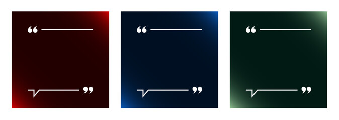 Quote Frames Blank Template Set For Social Media Quotes or Testimonial Posts. Modern Empty Quote Template with Copy Space for Text. Quotation Mark Border Text Box on Abstract Gradient Backgrounds.