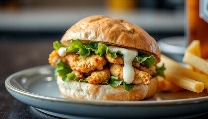 ジューシーなフライドチキンと新鮮なレタス、マヨネーズがたっぷりかかったグルメサンドイッチ