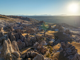 Panoramic view of the otherworldly rock formations of Los Bolillos, Neuquen, Argentina