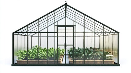 A dark-framed glass greenhouse, gable-roofed, sits on a white background. Inside, various leafy plants grow in raised wooden beds, suggesting a thriving indoor garden.  Double doors are centered