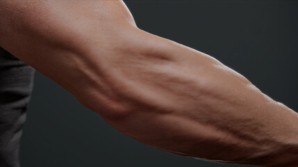 Close up of bent arm showing detailed skin texture and muscle definition with visible veins and elbow on dark background, highlighting natural skin tone and structure