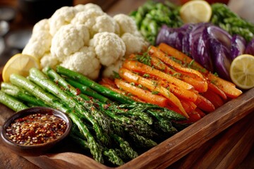 A beautifully arranged platter features fresh asparagus, vibrant carrots, and cauliflower, garnished with lemon slices, ready for enjoyment