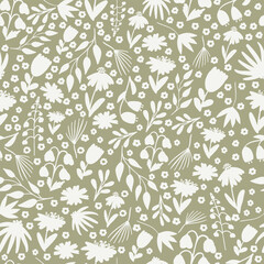 Seamless sage green botanical pattern with hand-drawn florals Vector repeat pattern