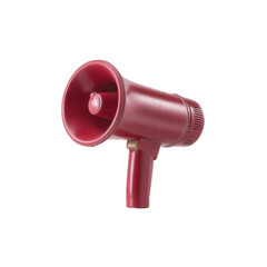 A bright red megaphone isolated on a white background, symbolizing communication, announcements, and loud messaging in various professional settings.