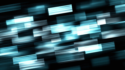 Digital blue light motion blur with rectangular shapes, abstract technology background with glowing cyan grid and dynamic horizontal streaks creating futuristic effect