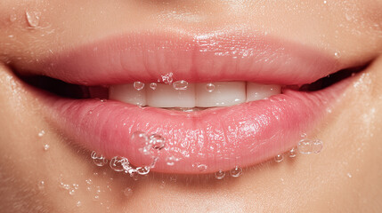 Closeup of smiling lips with water droplets on smooth skin, showing healthy hydration and natural beauty with soft pink tones and clear teeth in fresh, clean look