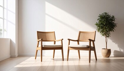 Serene Minimalist Living Room with Two Wooden Armchairs and a Plant
