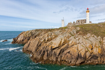 Lighthouse, abbey and semaphore tower of Saint-Mathieu, Brittany, France
