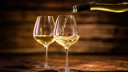 Fototapeta premium Two elegant wine glasses with white wine being poured; a moment of refined indulgence and timeless elegance.